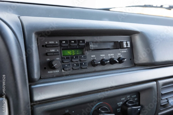 Obraz Close-up dashboard details of an older American pickup truck with 4x4 drivetrain. Features include control knobs, radio unit, climate panel, and gauges, all photographed in clean daylight conditions