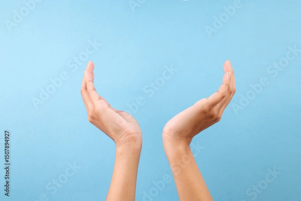 Obraz Two Hands Gently Curved Upwards Holding Or Protecting Something Against Blue Background