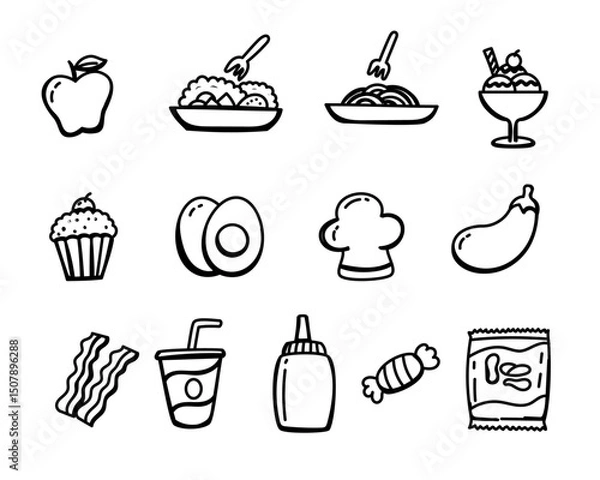 Fototapeta Set of food vector illustration with doodle style on a white background. Food doodle elements
