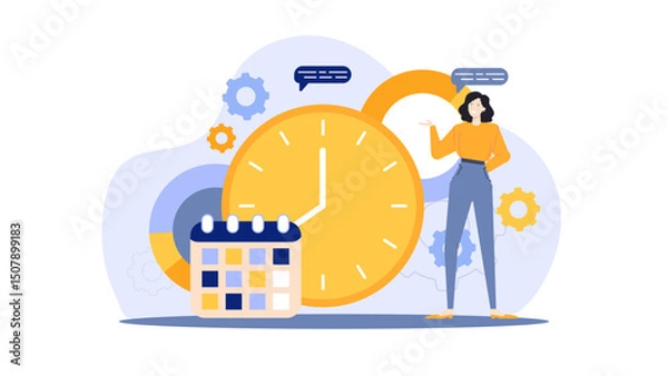 Fototapeta Woman next to clock, calendar, and gears, symbolizing time management and productivity, suitable for business and time management concepts.