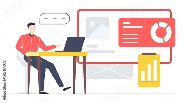 Obraz Man pointing at website design on laptop, suitable for web design concept illustrating collaboration and creativity in digital work environment.