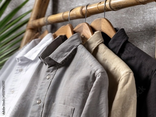 Obraz Four linen shirts of varying colors on a bamboo clothes rack
