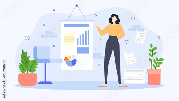 Obraz Woman presenting data with charts and graphs, suitable for business, marketing, financial presentations, educational materials, and reports on market trends.