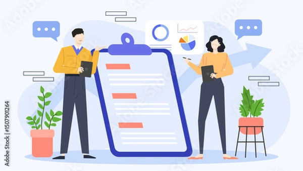 Obraz Man and woman presenting a clipboard together, suitable for business presentations, teamwork concepts, surveys, customer feedback, and agreement signing visuals.