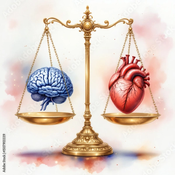 Fototapeta Exquisite Watercolor Painting of Balanced Scale with Brain & Heart, Emotional Intelligence, Decision-Making Art, Luxury Abstract, Symbolic Harmony, Mind & Soul Balance, Ethereal Brushwork