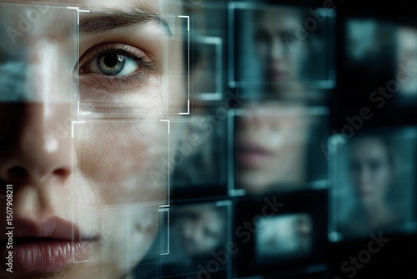 Fototapeta Deepfake cyber attack. Close-up of AI algorithm modifying facial expressions in a digital artwork.