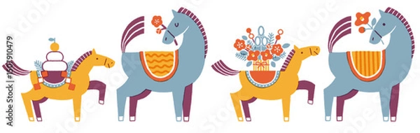 Fototapeta 午年年賀状イラスト素材セット（馬の親子と華やかなお正月)