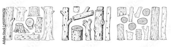 Fototapeta Vector outlines of wooden elements featuring trunks and knots.