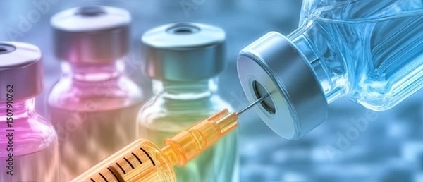 Fototapeta vaccine immunization development concept. Colorful vaccine vials with a syringe ready for injection in a healthcare setting.