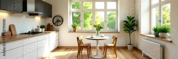 Fototapeta Bright airy kitchen, breakfast nook by window, table, cooking, open plan