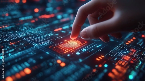 Fototapeta A digital fingerprint scan approving employee benefits on a futuristic HR platform 