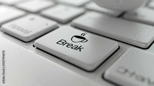 Obraz Close-up of computer keyboard featuring custom coffee break button with cup icon