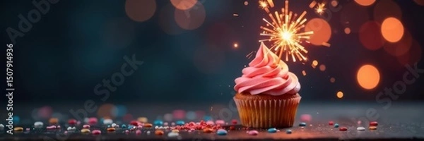 Obraz Mini cupcake topped with a sparkling firework , silver, flames