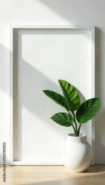 Obraz Minimalist white wall, green tropical leaves in vase, frame mockup , design, bright, blank