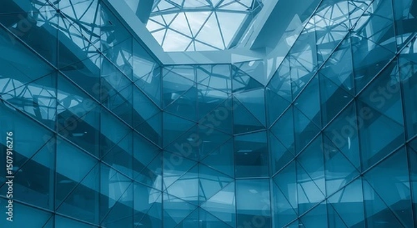 Obraz Glass walls and ceiling. Abstract geometric background in shades of blue color on the subject of modern architecture, business or technology. Fragment of an office building with polyonal structure.