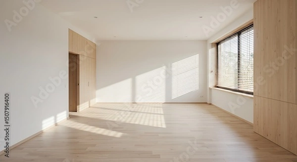Fototapeta Bleached wooden empty room interior design, open space with parquet floor, window with venetian blinds, white walls, modern contemporary architecture concept idea