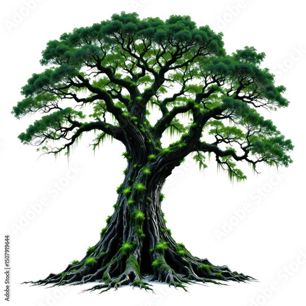 Fototapeta Giant, ancient tree with bioluminescent moss clinging to its trunk and branches, glowing green, whole tree, isolated, png transparent background