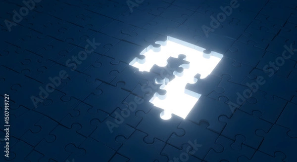 Fototapeta Jigsaw Puzzle Dark Blue with Missing Question Mark Shape Illuminated in a Conceptual Design