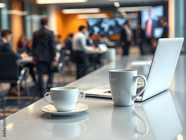 Fototapeta White coffee cup with laptop computer on office table for business concept, in clean office.