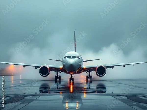 Fototapeta Passenger airplane on run way, Generative AI Illustration.