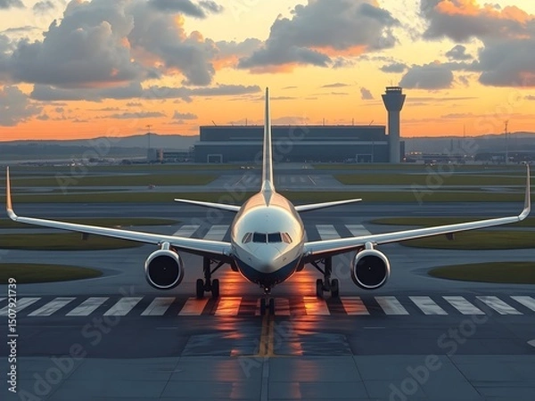 Fototapeta Passenger airplane on run way, Generative AI Illustration.