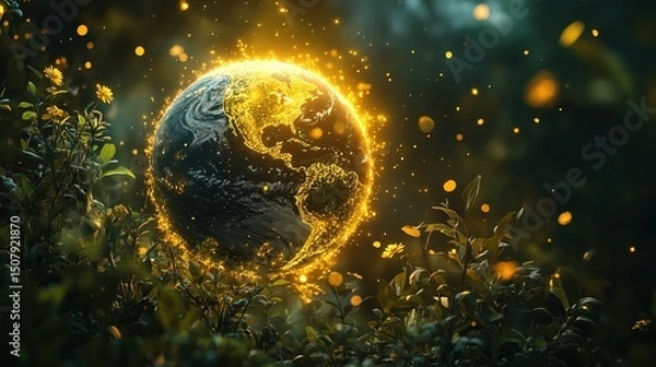 Fototapeta A utopian Earth where pollution is eradicated, glowing with life