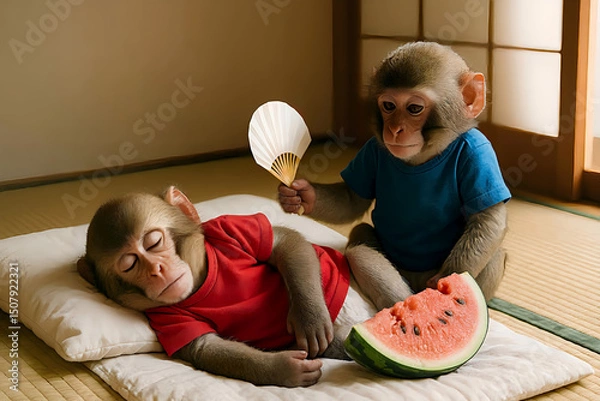 Fototapeta Baby Monkeys Enjoying a Peaceful Summer Nap with Watermelon in a Japanese Tatami Room
