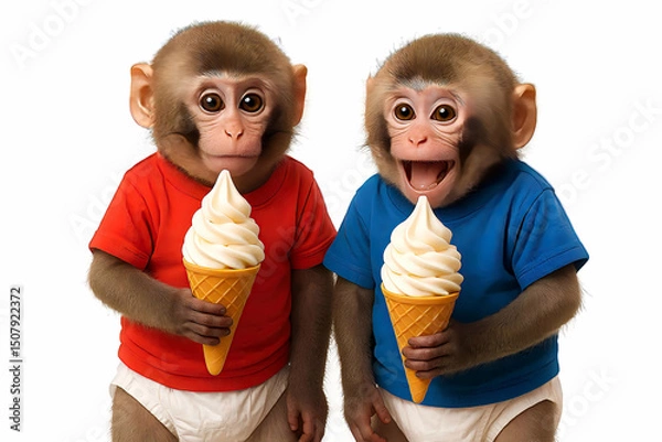 Fototapeta Adorable Baby Monkeys in Red and Blue Shirts Enjoying Ice Cream – Cute Summer Photo on White Background