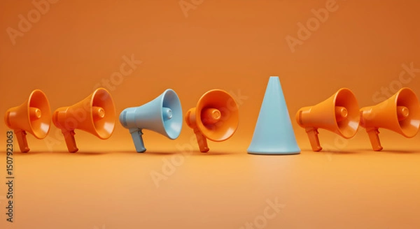Fototapeta Line of Orange and Blue Megaphone for Annoucement on Orange Backdrop Minimalist Composition in 3D Rendering