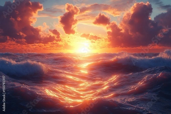 Fototapeta Ocean sunset, waves, vibrant sky, dramatic clouds, peaceful scene