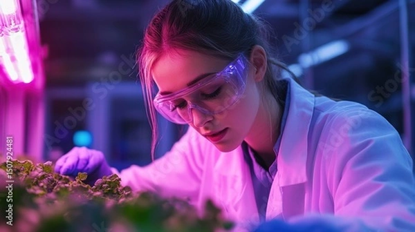 Fototapeta A scientist studying toxic soil under a glowing ultraviolet scanner 