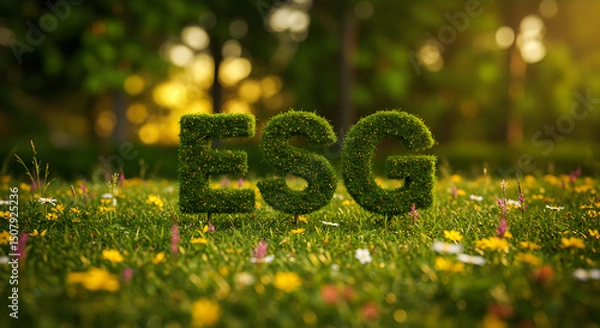 Fototapeta Lush Green Esgs in a Field of Wildflowers Under a Bokeh Sunlit Trees in a Green Meadow Promote Environmental and Social Responsibility