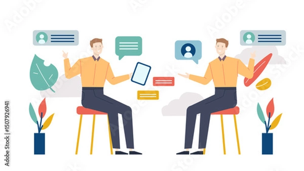 Obraz Two men engaged in a discussion outdoors. Suitable for dialogues, business meetings, friendship concepts, communication, teamwork, and casual discussions.