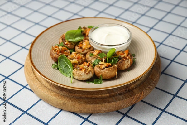Obraz Stuffed mushrooms and sauce on plate on light background