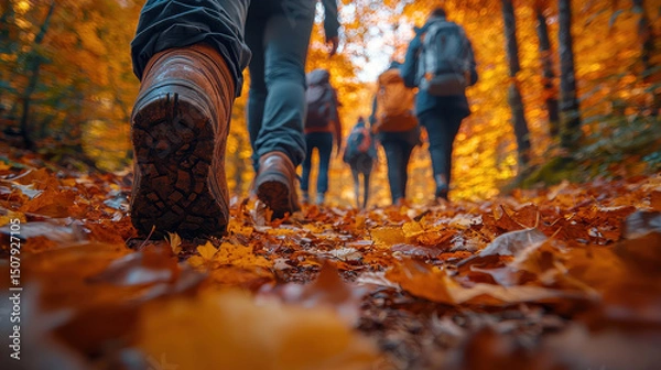 Obraz A close-up shot captures the feet of four individuals as they traverse a path winding through a vibrant autumn forest, their footsteps crunching on fallen leaves. The group, united by their 