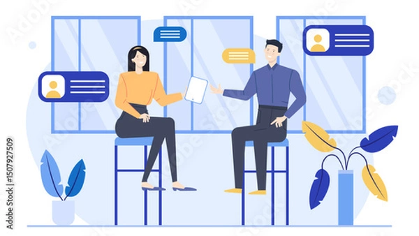Fototapeta Two people on stools talking, seated conversation, casual communication, friends or colleagues discussing, socializing, teamwork, collaboration, consultation, brainstorming.