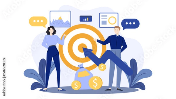 Fototapeta Two people aim at a target by a money bag. Ideal for illustrating investment goals, teamwork, financial success, and strategy.