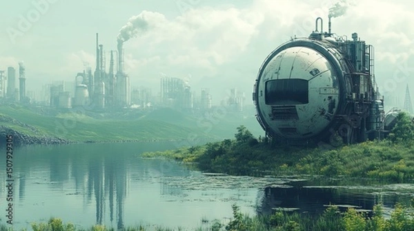 Fototapeta A futuristic machine sucking up pollutants from a highly contaminated lake 