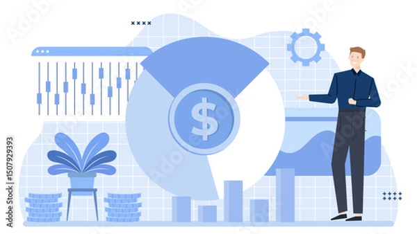 Fototapeta Businessman explaining financial data with pie chart and dollar sign suitable for financial presentations, budget reports, marketing analysis, business articles.