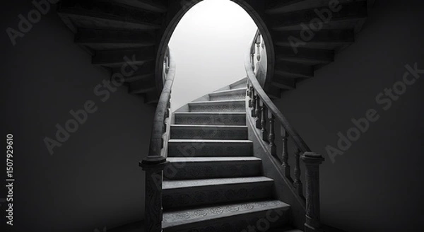 Fototapeta Staircase going up to the white light with isolated background,gray color monotone picture
