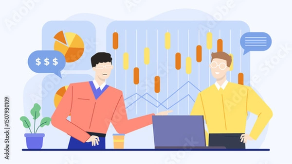 Fototapeta Two men in office look at laptop and charts. Perfect for business, teamwork, brainstorming, office work, strategy, analysis concepts.