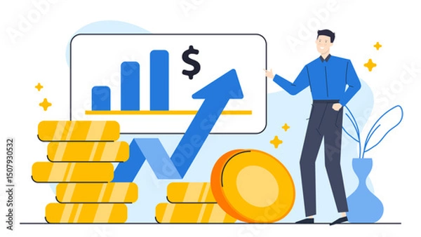 Fototapeta Man pointing at rising graph with blue arrow, ideal for business presentations, financial reports, success concepts, growth strategies visuals.