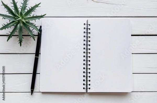 Obraz open notebook with pen and aloe plant on wooden table top