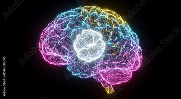 Fototapeta Abstract Neon Brain Glowing Neural Network 3D Model Artificial Intelligence