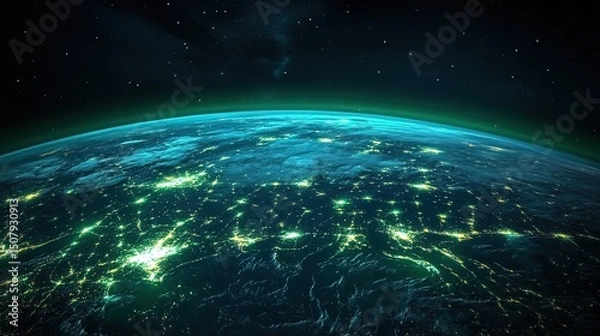 Fototapeta A futuristic Earth with glowing green energy fields, free from pollution