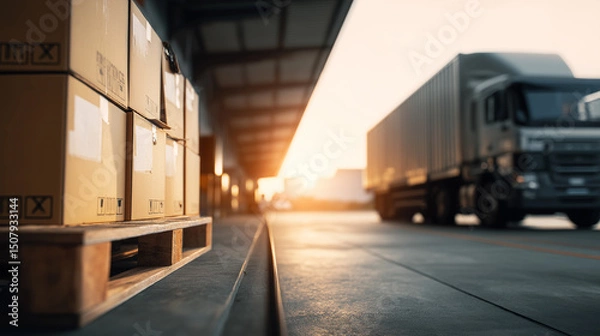 Fototapeta Cardboard boxes on pallets at a warehouse loading dock with a truck arriving in the background during sunrise.
