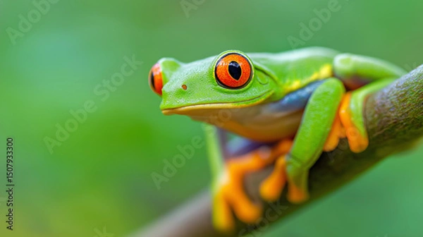 Fototapeta Close-up of a vibrant red-eyed tree frog perched on a green branch against a blurred jungle background.
