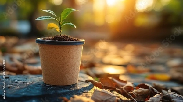 Fototapeta A biodegradable coffee cup with a built-in seed, symbolizing eco-friendly product design