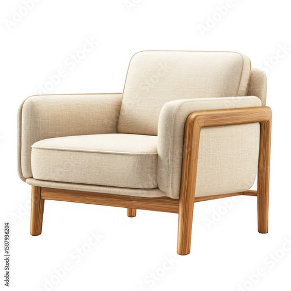 Fototapeta Beige fabric armchair with wooden frame isolated on transparent background