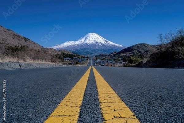 Fototapeta Empty road leading to snow-capped mountain